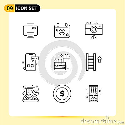 Pack of 9 creative Outlines of plain, text, handycam, smartphone, message Vector Illustration