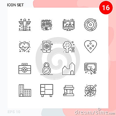 Pack of 16 creative Outlines of science, beat, marketing, planets, astronomy Vector Illustration