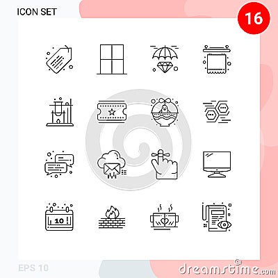 Pack of 16 creative Outlines of science, interior, diamond, furniture, bathroom Vector Illustration