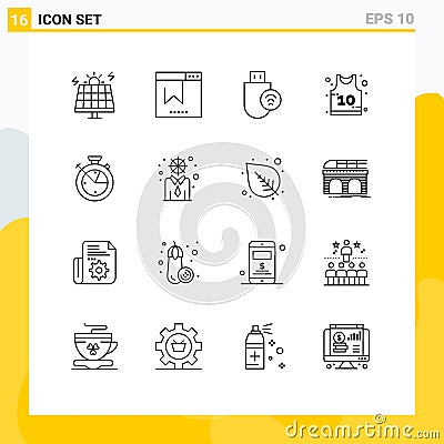 Pack of 16 creative Outlines of time, sport, computers, shirt, stick Vector Illustration