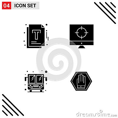 Pack of 4 creative Solid Glyphs of document, public bus, optimization, target, stop Vector Illustration