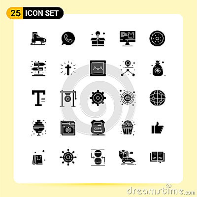 Pack of 25 creative Solid Glyphs of donut, shopping, watts app, monitor, computer Vector Illustration