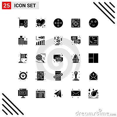 Pack of 25 creative Solid Glyphs of embarrassed, business, heart, web, reel Vector Illustration