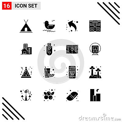 Pack of 16 creative Solid Glyphs of estate, music, share, mixer, console Vector Illustration