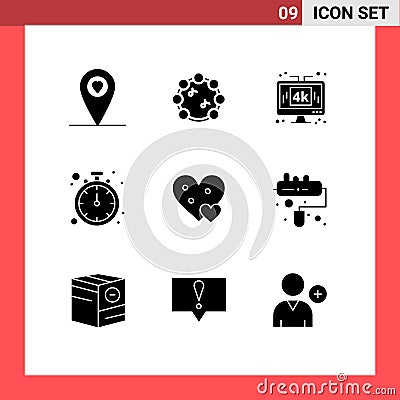 Pack of 9 creative Solid Glyphs of gift, love, technology, heart, timer Stock Photo