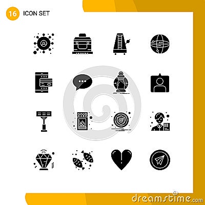 Pack of 16 creative Solid Glyphs of mobile, globe, instrument, computing, world Vector Illustration