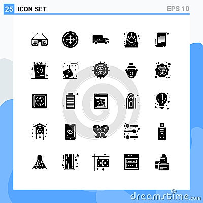 Pack of 25 creative Solid Glyphs of scenario, decree, logistics, scary, ghost Vector Illustration