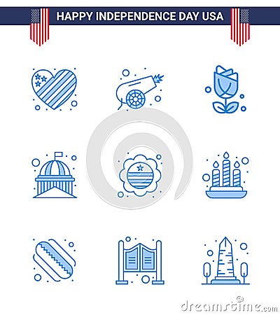 Pack of 9 creative USA Independence Day related Blues of country; usa; flower; landmark; building Vector Illustration