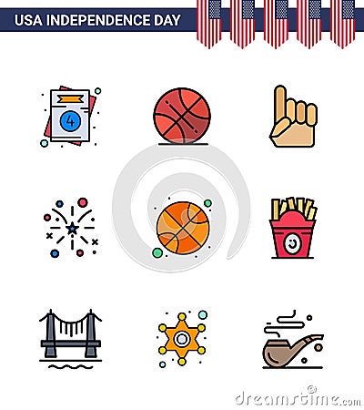 Pack of 9 creative USA Independence Day related Flat Filled Lines of ball; usa; foam hand; american; firework Vector Illustration