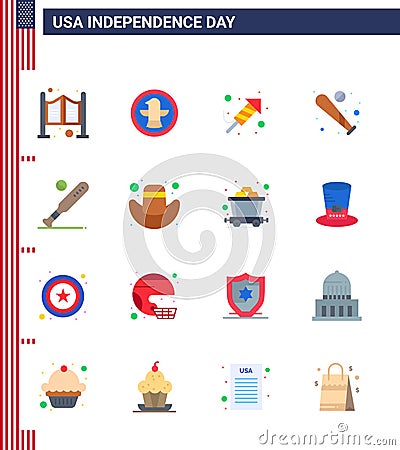 Pack of 16 creative USA Independence Day related Flats of american; sports; fire work; bat; ball Vector Illustration