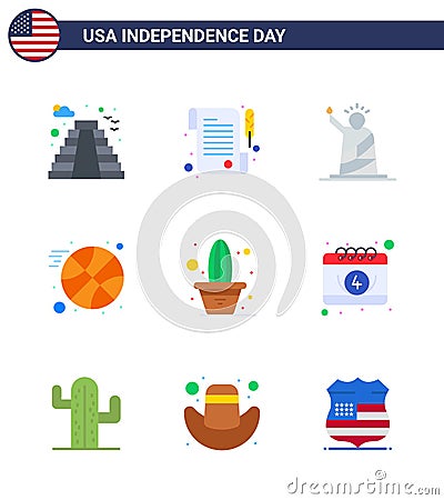 Pack of 9 creative USA Independence Day related Flats of plant; cactus; liberty; sports; basketball Vector Illustration