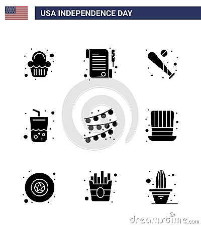 Pack of 9 creative USA Independence Day related Solid Glyphs of party decoration; cola; baseball; summer; glass Vector Illustration