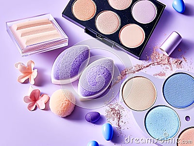 Pack of eyeshadows of various colors with sponge next to a light purple background Stock Photo