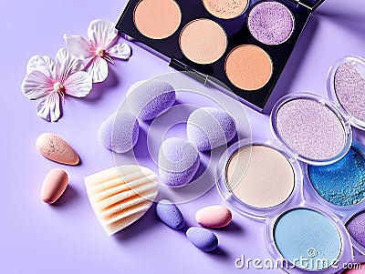 Pack of eyeshadows of various colors with sponge next to a light purple background Stock Photo