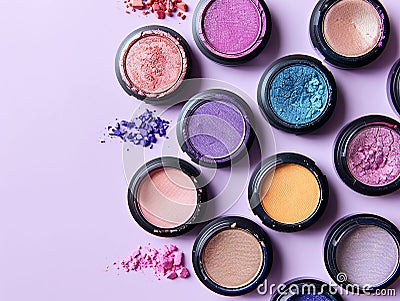 Pack of eyeshadows of various colors with sponge next to a light purple background Stock Photo