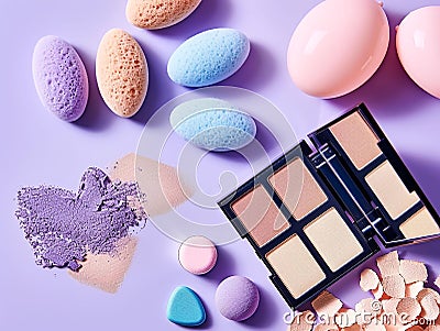 Pack of eyeshadows of various colors with sponge next to a light purple background Stock Photo