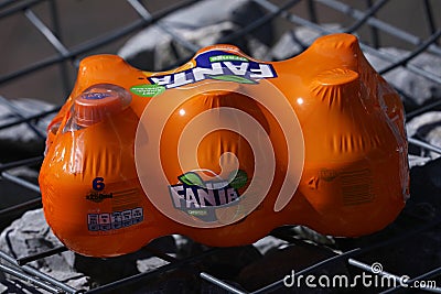 Pack of 6 Fanta, mini bottles, Fanta ball Editorial Stock Photo