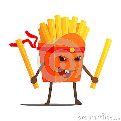 Pack Of Fries With Two Sticks Karate Fighter, Fast Food Bad Guy Cartoon Character Fighting Illustration Vector Illustration