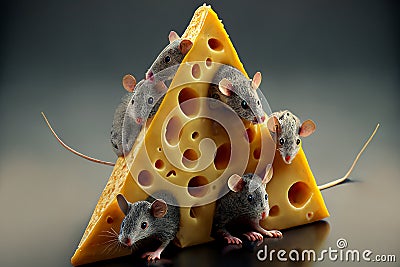 A pack of gray mice and a piece of cheese on the kitchen table Stock Photo