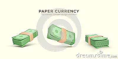 Pack of green paper currency. Set of 3D render stack of dollar US. Money dollar banknote in cartoon style Vector Illustration