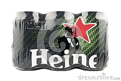 6-pack of Heineken beer cans, with advertising for the James Bond movie Spectre. Editorial Stock Photo