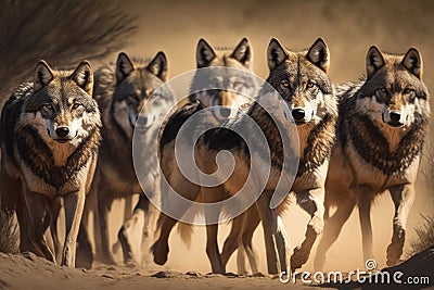 Pack of hungry wolves hunting in winter Stock Photo