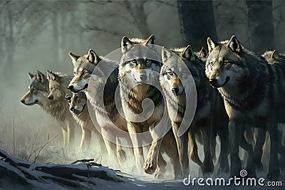 Pack of hungry wolves hunting in winter Stock Photo