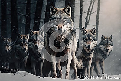 Pack of hungry wolves hunting in winter Stock Photo