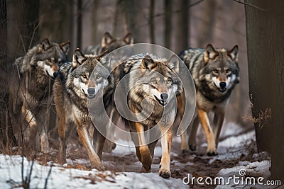 Pack of hungry wolves hunting in winter Stock Photo