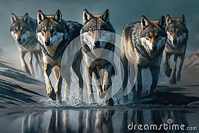 Pack of hungry wolves hunting in winter Stock Photo