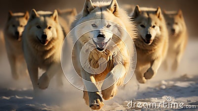 A pack of hungry wolves running after prey Stock Photo
