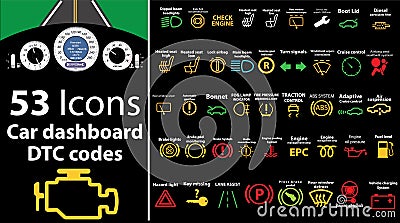 53 pack icons - Car dashboard, dtc codes, error message, check engine, fault, dashboard illustration, gas level, Cartoon Illustration