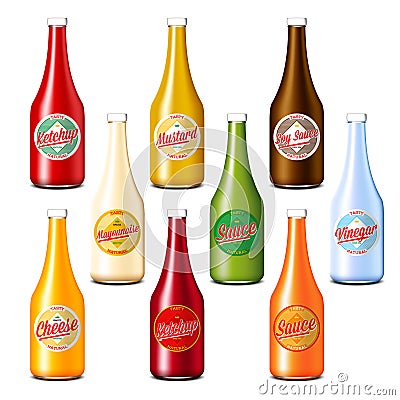 Pack of ketchup, vinegar, mustard, soy, cheese and mayonnaise sauce bottles Vector Illustration