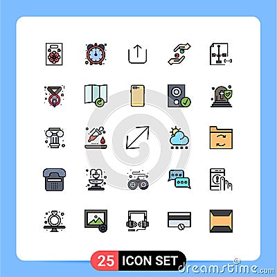 Pack of 25 Modern Filled line Flat Colors Signs and Symbols for Web Print Media such as document, develop, upload, coding, help Vector Illustration