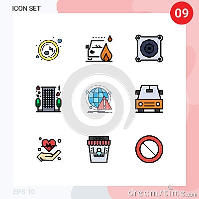 Pack of 9 Modern Filledline Flat Colors Signs and Symbols for Web Print Media such as antivirus, romantic, electric, romance, Vector Illustration