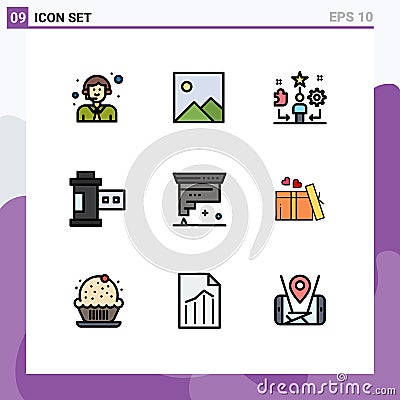 Pack of 9 Modern Filledline Flat Colors Signs and Symbols for Web Print Media such as coding, roll, life, photo, camera Vector Illustration