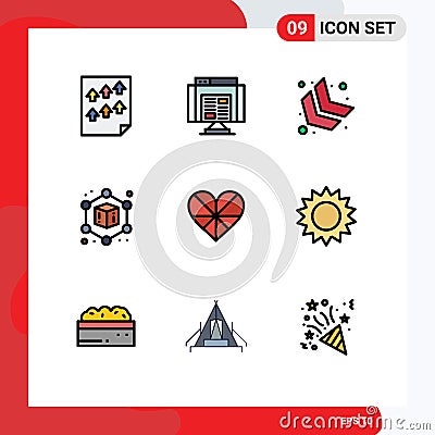 Pack of 9 Modern Filledline Flat Colors Signs and Symbols for Web Print Media such as favorite, love, web, heart, cube Vector Illustration