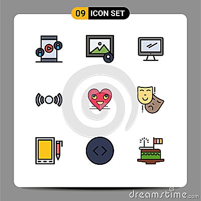 Pack of 9 Modern Filledline Flat Colors Signs and Symbols for Web Print Media such as heart, ui, monitor, signal, basic Vector Illustration
