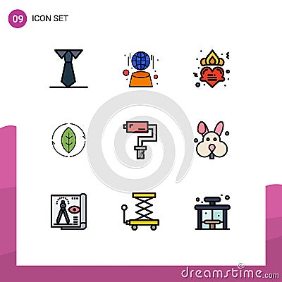 Pack of 9 Modern Filledline Flat Colors Signs and Symbols for Web Print Media such as painter, paint roller, heart, power, green Vector Illustration