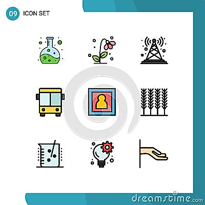 Pack of 9 Modern Filledline Flat Colors Signs and Symbols for Web Print Media such as photo, transport, antenna, bus, radio Vector Illustration