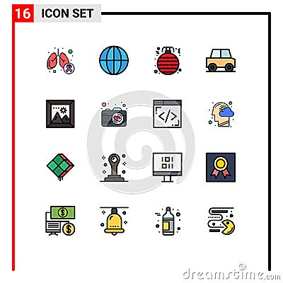 Pack of 16 Modern Flat Color Filled Lines Signs and Symbols for Web Print Media such as photo, vehicles, ball, travel, automobile Vector Illustration