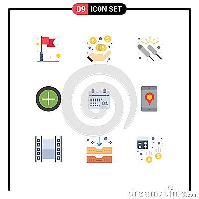 Pack of 9 Modern Flat Colors Signs and Symbols for Web Print Media such as day, calendar, fireworks, canada, money Vector Illustration