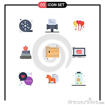Pack of 9 Modern Flat Colors Signs and Symbols for Web Print Media such as share, science, bloone, education, apple Vector Illustration