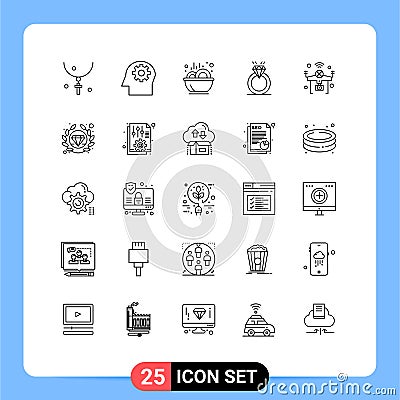 Pack of 25 Modern Lines Signs and Symbols for Web Print Media such as drone, marriage, bowl, proposal, ring Vector Illustration