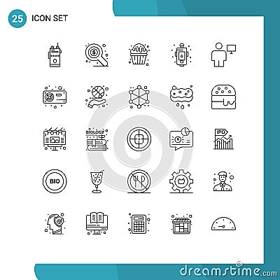 Pack of 25 Modern Lines Signs and Symbols for Web Print Media such as fire, design, cupcake, danger, sweets Vector Illustration