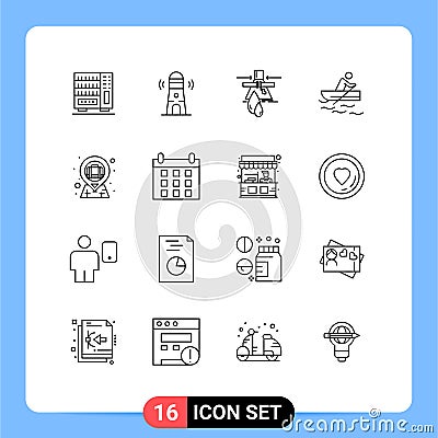 Pack of 16 Modern Outlines Signs and Symbols for Web Print Media such as bag, training, chemical, rowing, pollution Vector Illustration