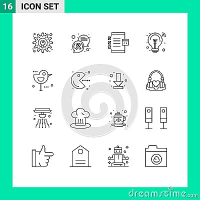 Pack of 16 Modern Outlines Signs and Symbols for Web Print Media such as bird, smart solution, coding, innovation, bulb Vector Illustration