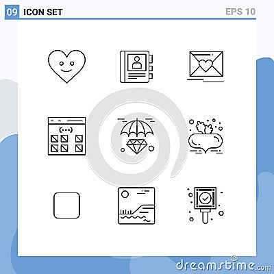 Pack of 9 Modern Outlines Signs and Symbols for Web Print Media such as hold, interface, love, development, coding Vector Illustration