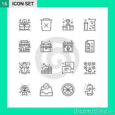 Pack of 16 Modern Outlines Signs and Symbols for Web Print Media such as laboratory, chemistry, remove, number, first position Vector Illustration