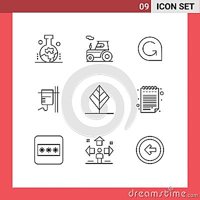 Pack of 9 Modern Outlines Signs and Symbols for Web Print Media such as leaf, transfusion, game credits, rehydration, healthcare Vector Illustration